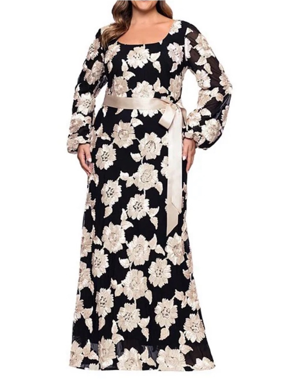 Betsy & Adam Black Maxi Dress with Cream Floral Appliqué and Satin Sash